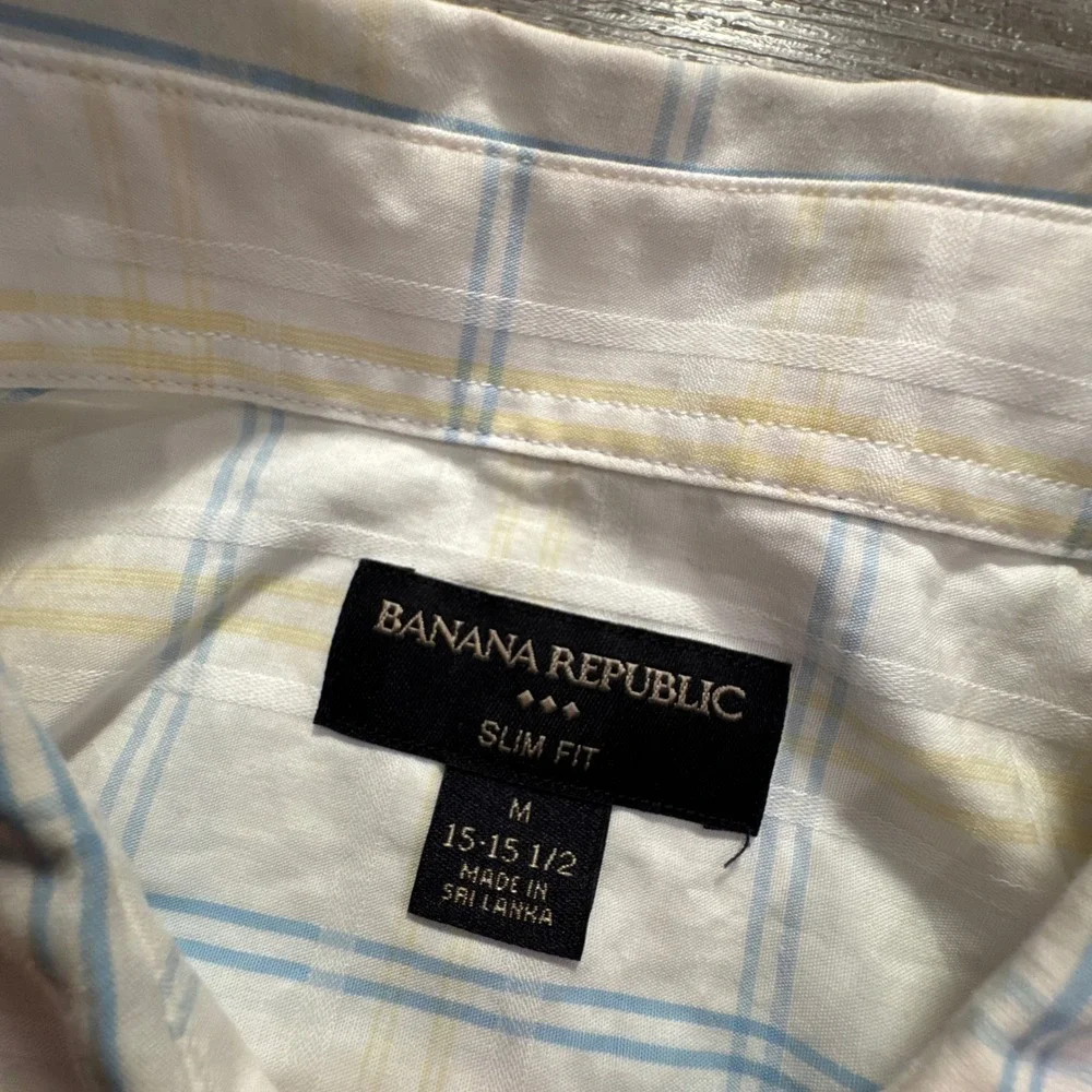 Banana Republic Shirt Mens M White Blue Yellow Cotton Slim Plaid Preppy Summer